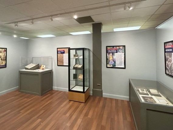 phot showing several display cases and wall panels for the Year of UK exhibit.