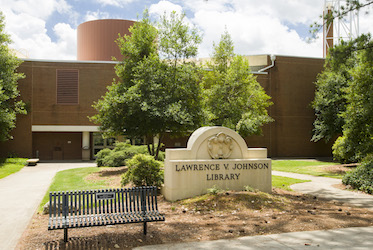 The entrance of Johnson Library.