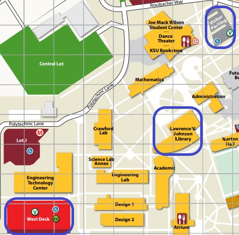 Campus map showing location of Johnson library and nearby parking.