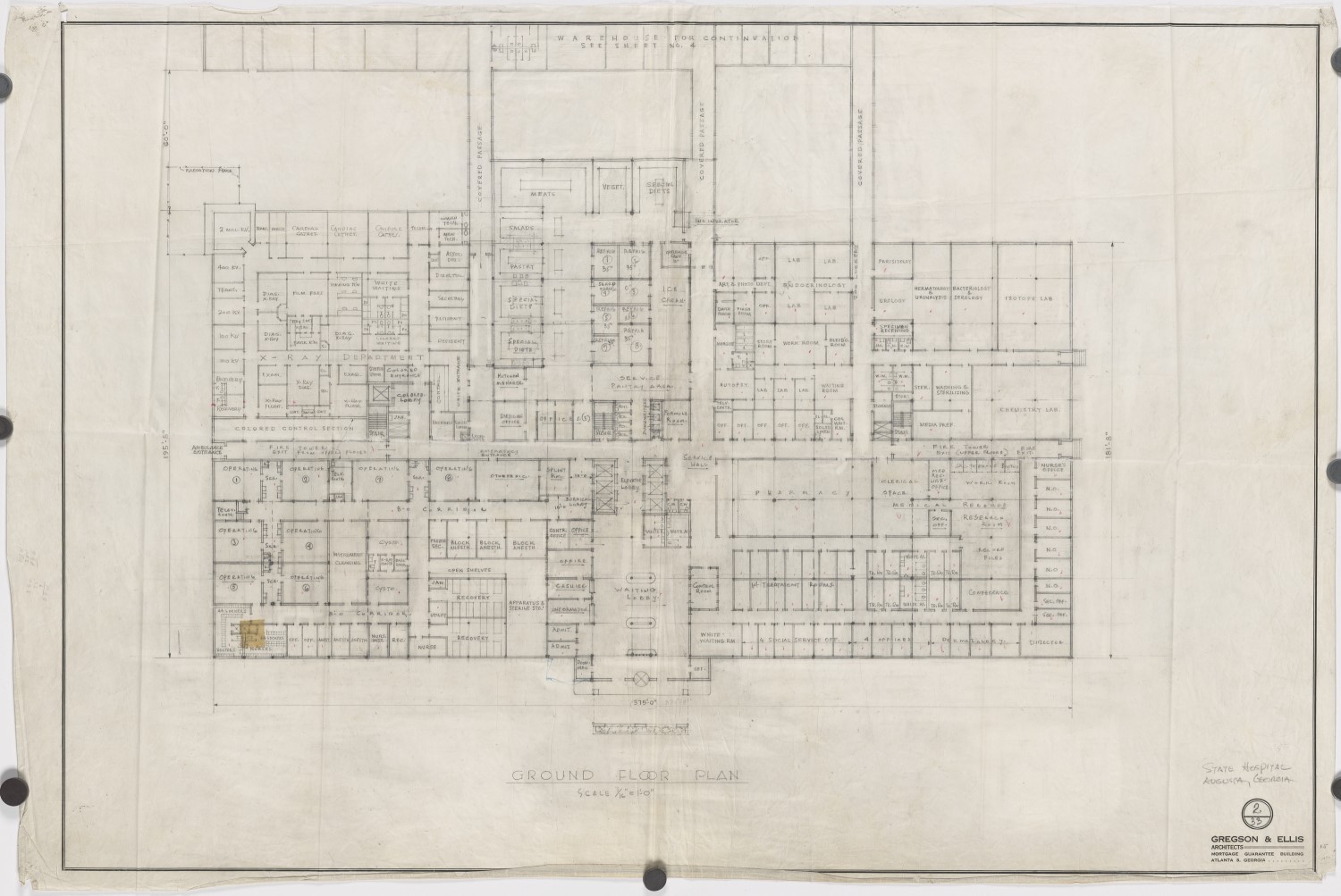 Plan for the main floor of the Augusta State Hospital Complex, circa 1953