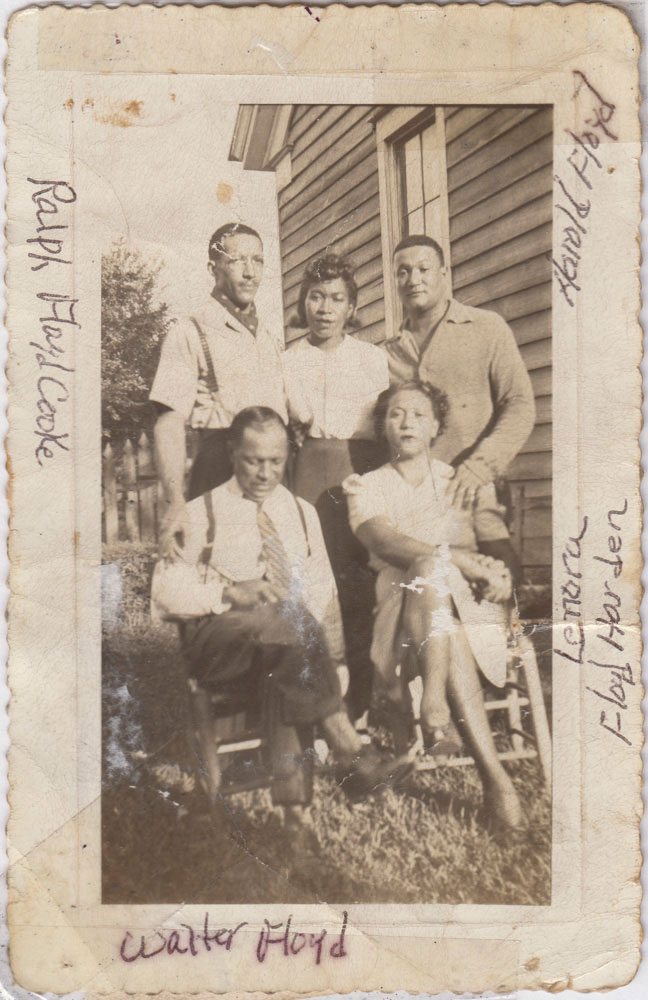 Ralph Floyd, unidentified person, Harold Floyd, John Walter Floyd, and Lenora Floyd Harden, Bell Street, Acworth, Georgia, ca. 1940s