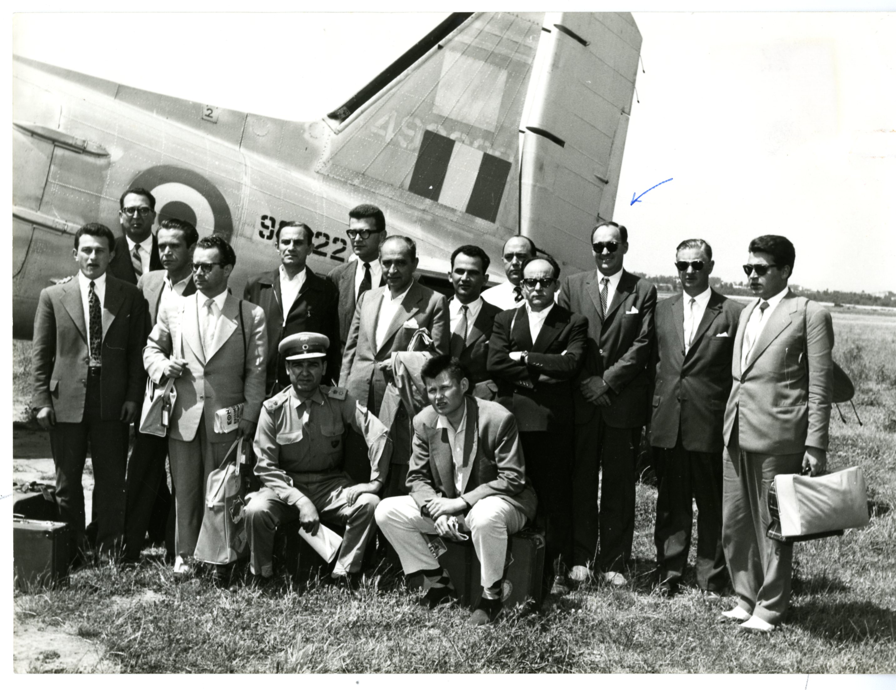 Robert de Treville Lawrence (indicated with blue arrow) poses with Greek journalists in 1958.
