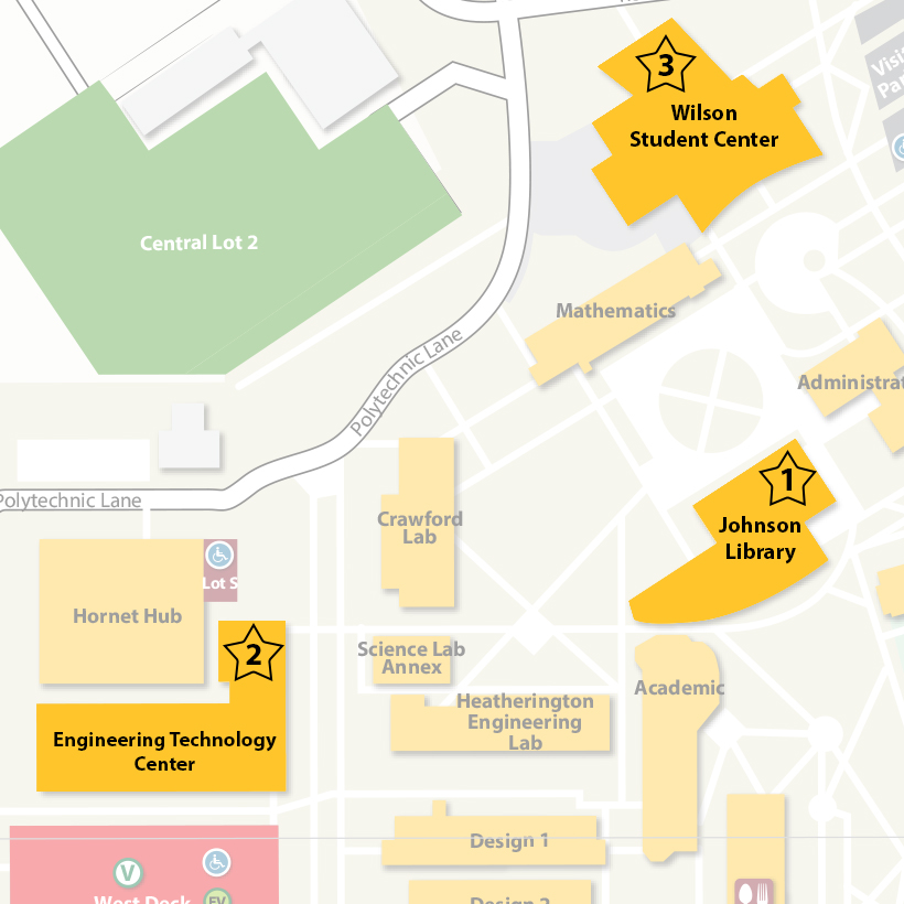 A map showing the locations of the Presidential Portraits on the Marietta Campus. The locations are listed below