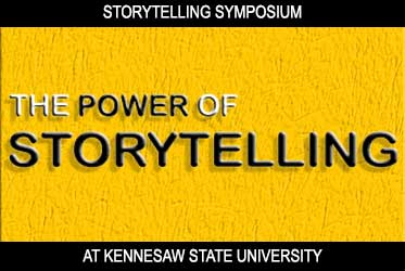 Storytelling symposium, the power of storytelling at kennesaw state university with black and yellow background.
