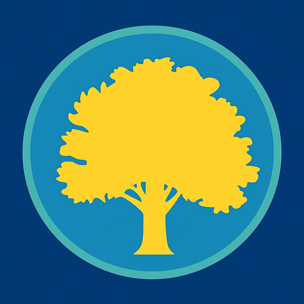Yellow oak tree in the center of a blue square 