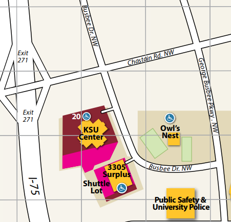 A close up view of the KSU center on the KSU parking map for the Kennesaw Campus