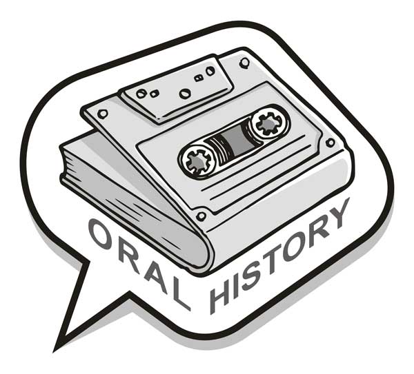 drawing of book with cassette tape as the cover depicting spoken history recording.