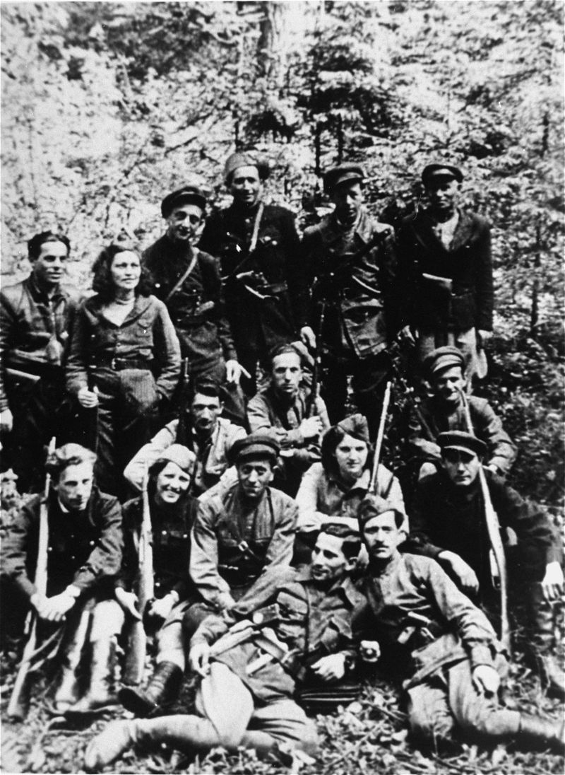 Black and white photo of a Jewish partisan unit operating in the Lithuanian forests. 