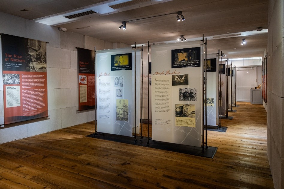 A section of musuem exhibit panels at the Museum of History and Holocaust Education