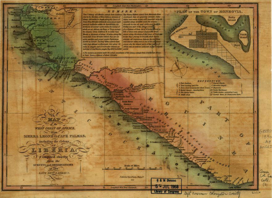 Nineteenth-century map of the West African coast including Liberia. Courtesy of the Library of Congress.