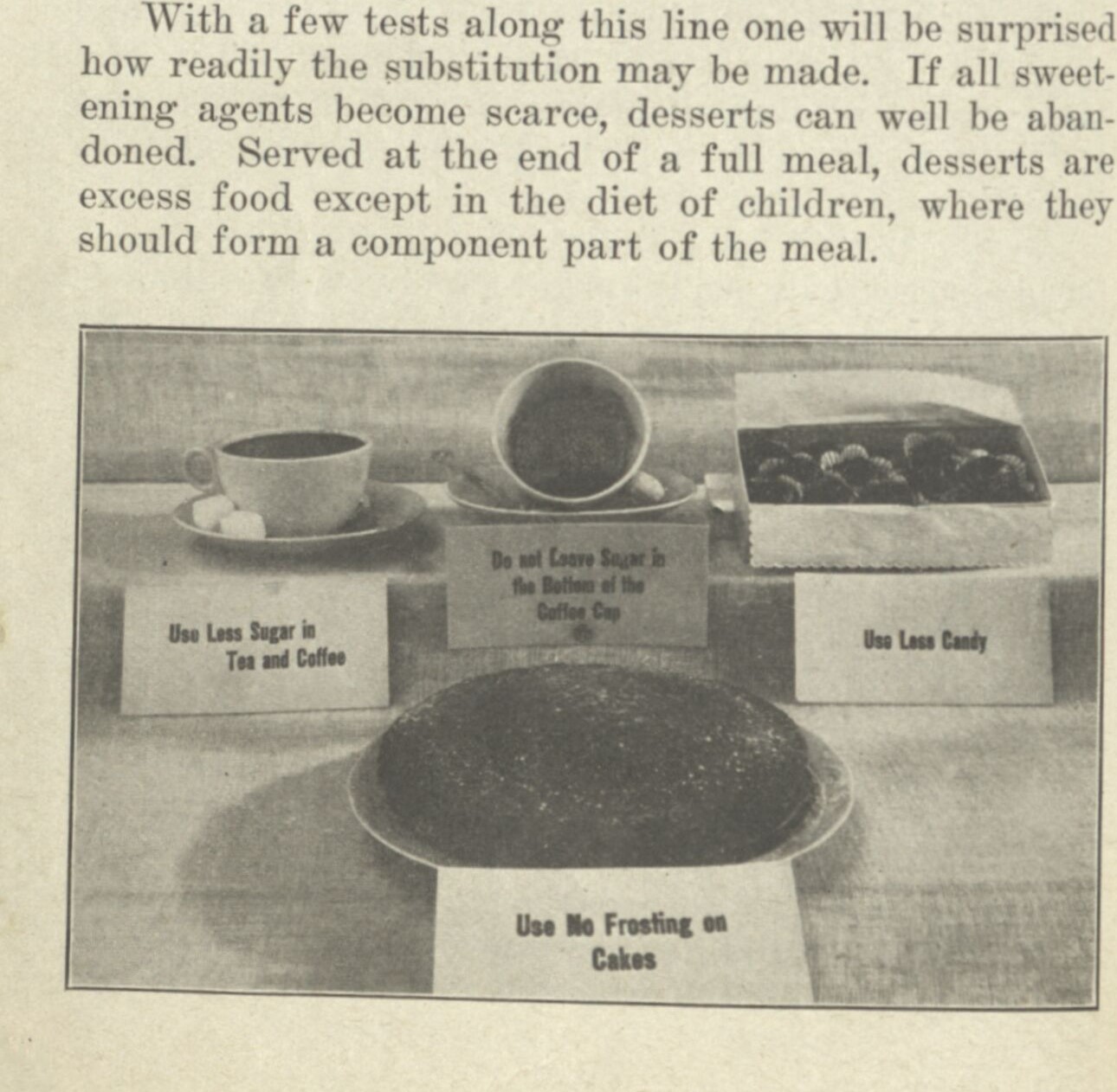 Image and text about sugarless desserts from "Foods That Will Win the War"