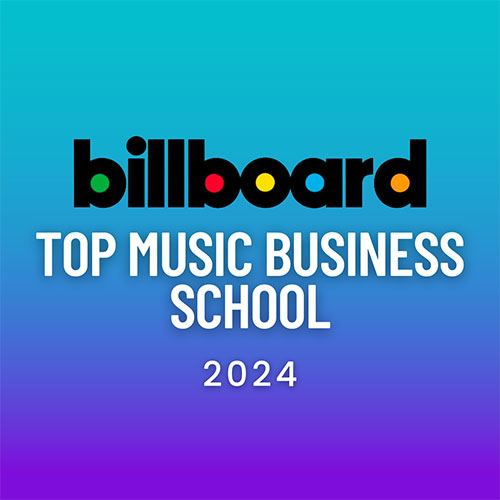 A graphic with a gradient background transitioning from teal at the top to purple at the bottom. The text reads "Billboard" in its signature bold, colorful logo style, followed by "Top Music Business School" in white uppercase letters. Below this, the year "2023"
