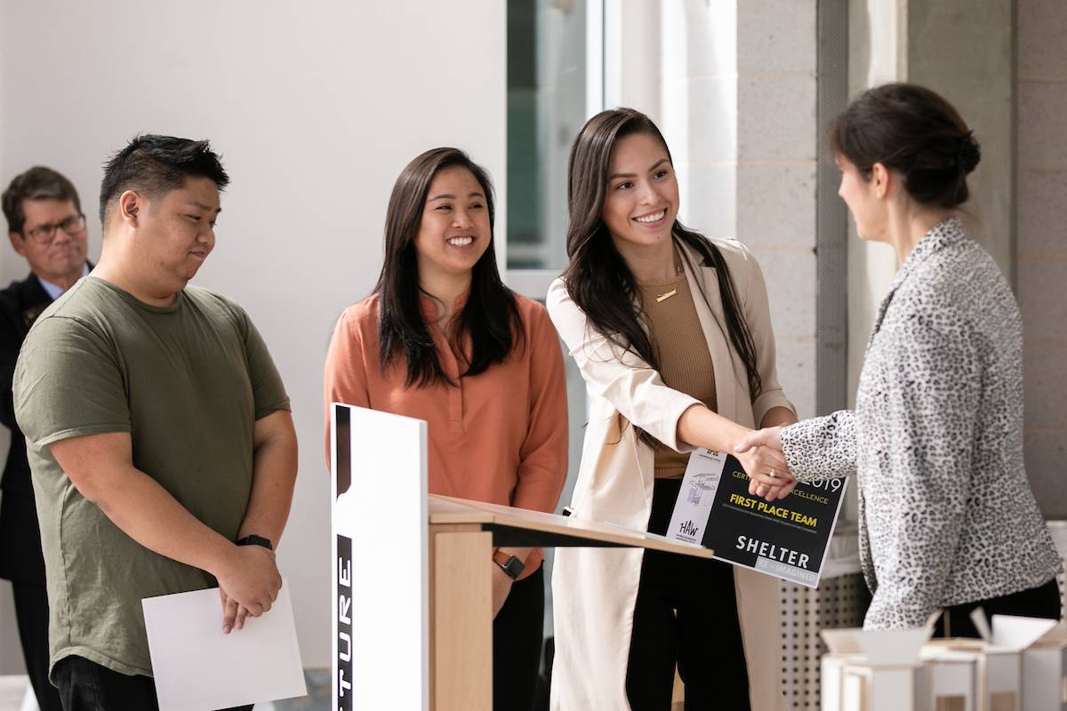 The winning team: Steven Yang, architecture student; Christine Vu, architecture student; and Nelida Gallardo, integrative studies student