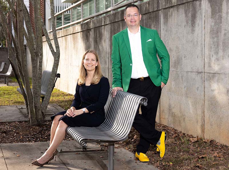 Chris and Amanda Arrendale pictured on the Never Stop Learning bench on Marietta Campus.