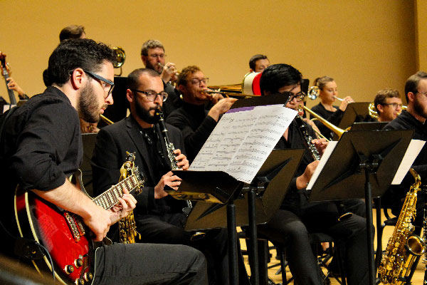 KSU Jazz Ensemble playing instruments.