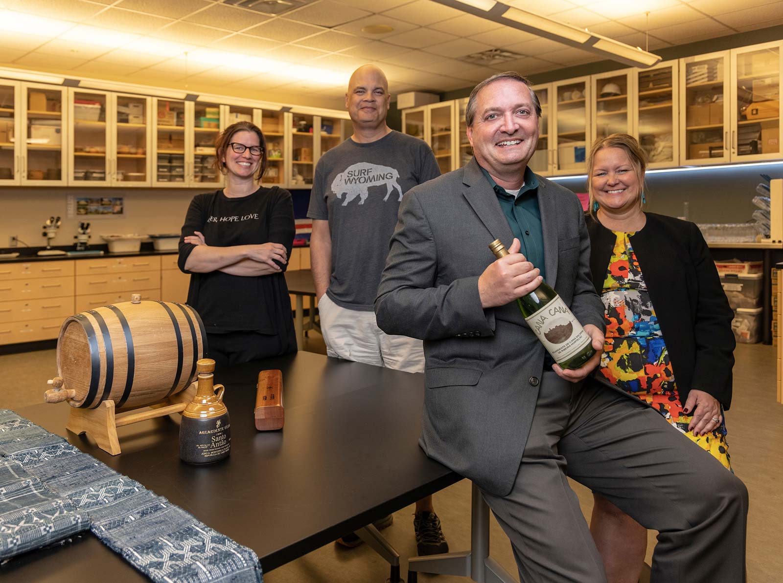 Photo of Nancy Hoalst-Pullen, Mark Patterson, Brandon Lundy, and Monica Swahn in classroom