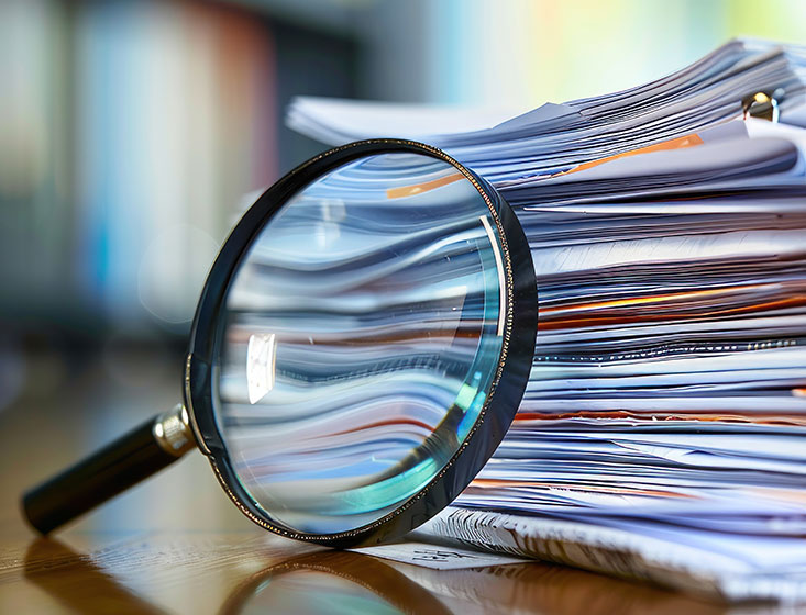 A magnifying glass resting on a stack of colorful documents