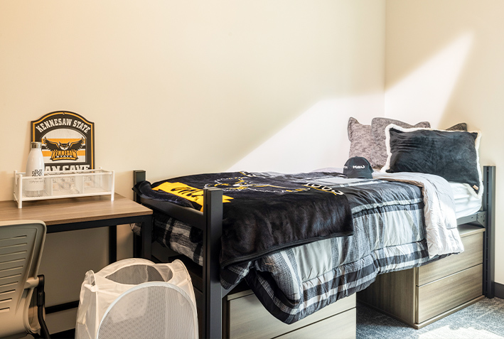 inside ksu dorm room with bed near window