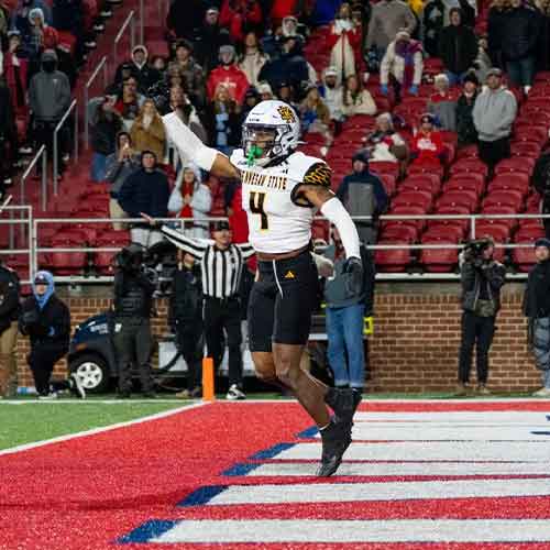 football player on the field jumping with excitement.
