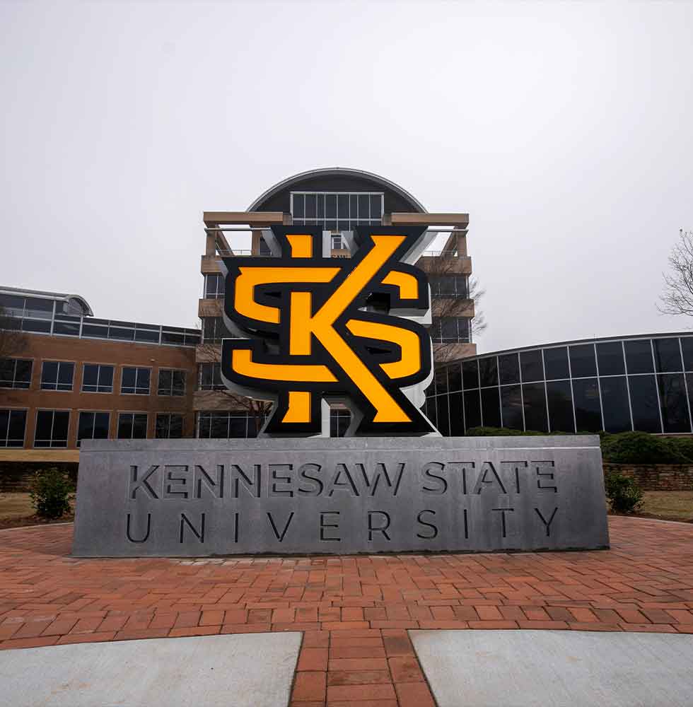 ks statue on campus in front of kennesaw hall.