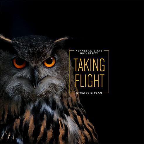 Image of an owl with yellow eyes next to text that says taking flight