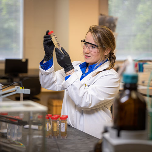 ksu student working on their lab experiment wearing safety gear.
