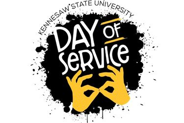 Kennesaw State University Day of Service logo with artistic black splatter background and yellow hands forming a gesture.