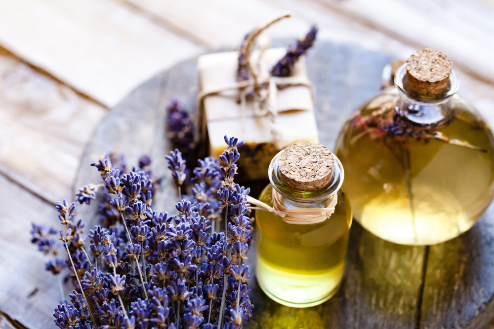 Lavender and lavender oil in jars on a table