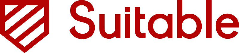 Suitable logo featuring a red shield with diagonal stripes next to the word “Suitable” in bold red letters.