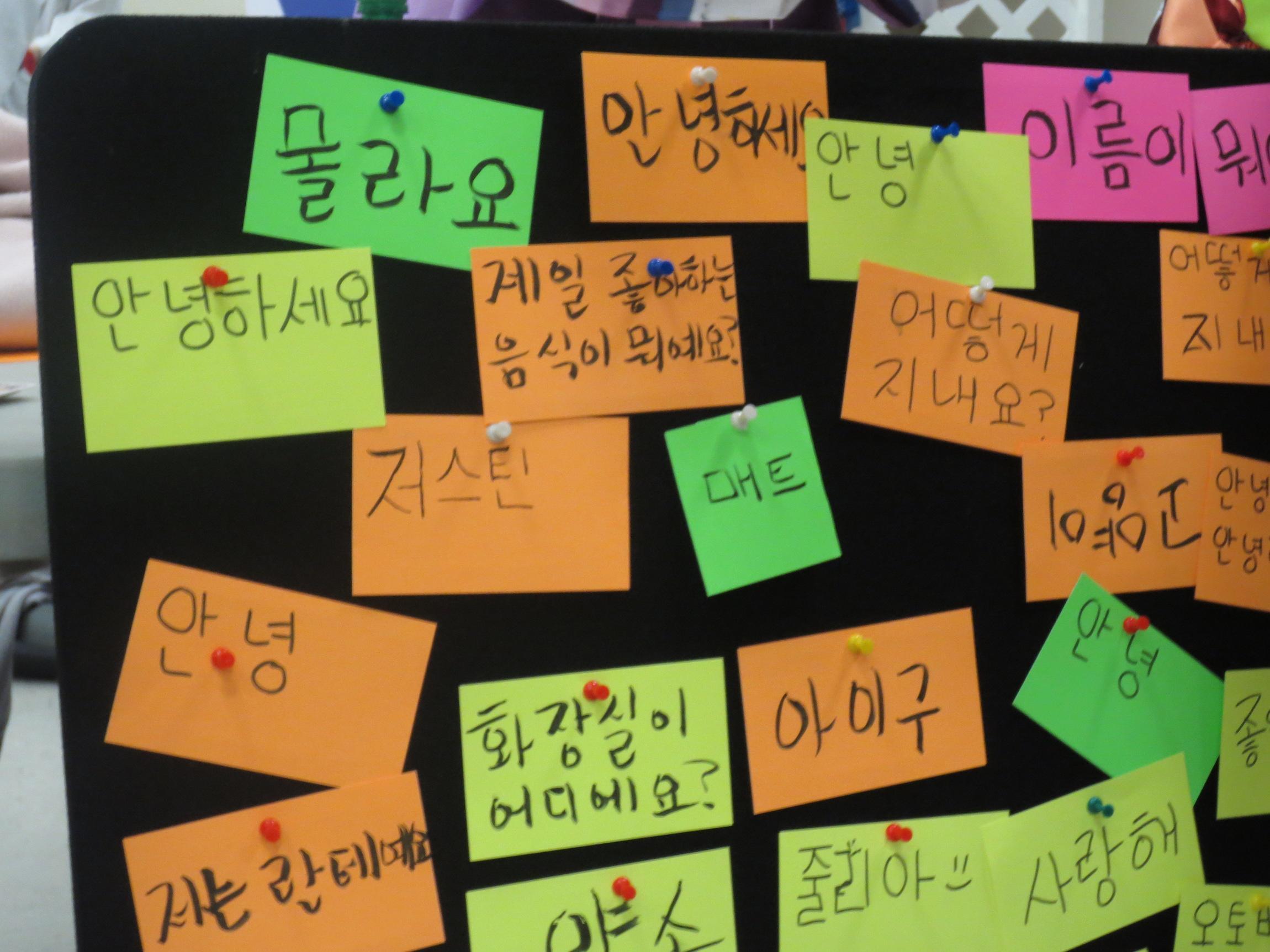 / foreign writing on different color cards tacked to board