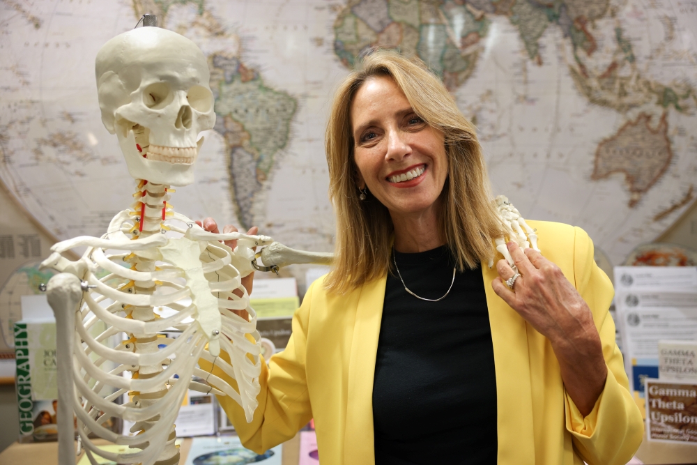 Susanne Rothery with classroom skeleton