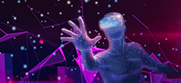 graphic representation on person with vr goggles in virtual world