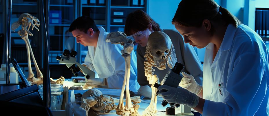 Researchers in lab coats examining skeletal remains and using microscopes in a laboratory.
