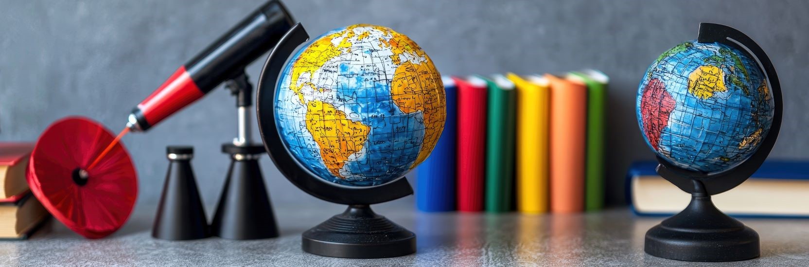 Educational setup with globes, books, a telescope, and a magnifier on a desk.