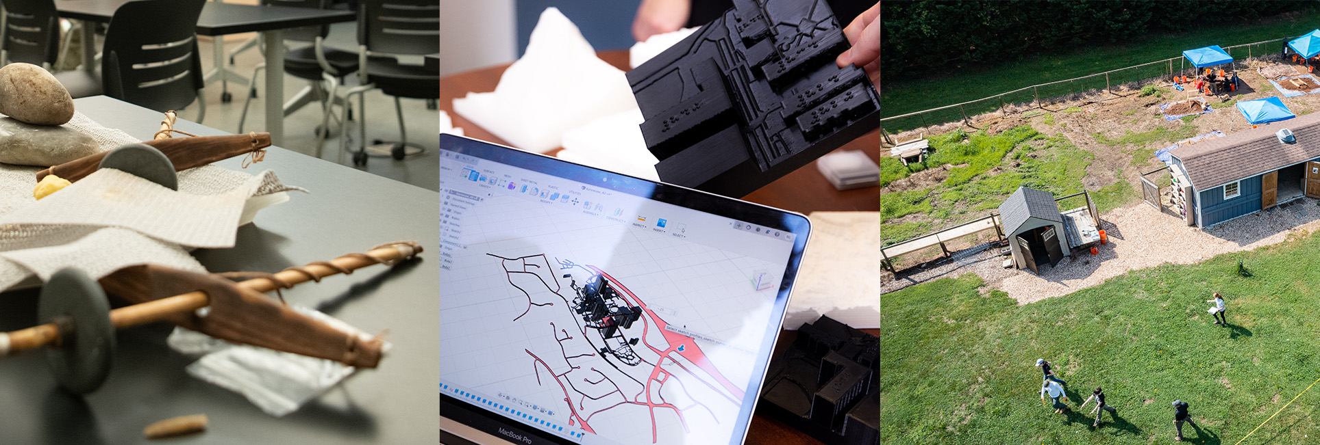 Collage of research spaces including field station, classroom lab with fire starting sticks and 3d imaging software with 3d printed model
