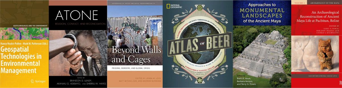 A collage of six book covers on geography, anthropology, archaeology, and social issues.