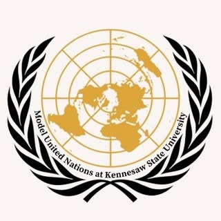 Logo of Model United Nations at Kennesaw State University featuring a gold world map encircled by black laurel branches.