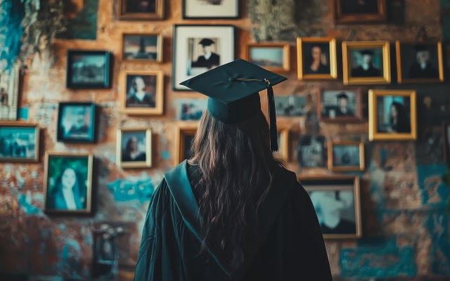 A graduate standing in front of wall with framed photos