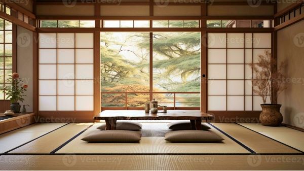 Traditional Japanese tatami room with shoji sliding doors and a low wooden table.
