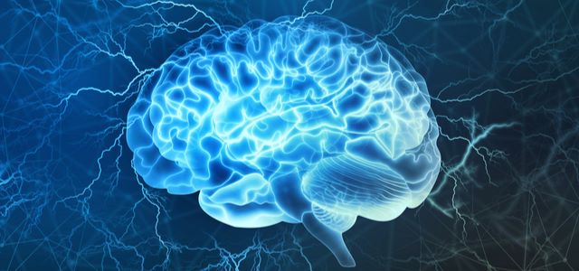 Glowing blue digital brain with electric energy and neural connections.