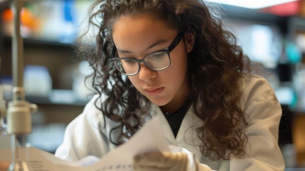 Young woman in a lab coat and glasses studying documents in a laboratory.