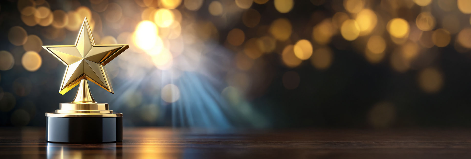 A golden star-shaped trophy sits on a reflective wooden surface, illuminated by warm, glowing lights in the background.