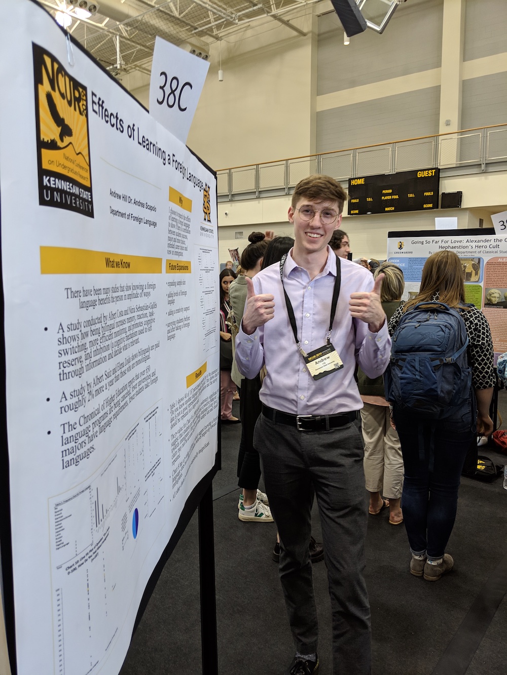 Biology and Modern Languages and Cultures-Italian Major Andrew Hill, presenting his research on the impact of learning a foreign language on KSU students' views on immigration