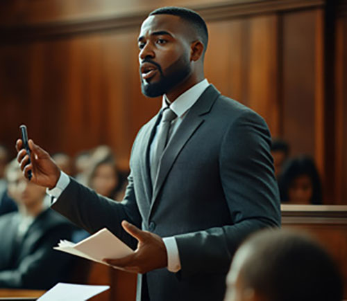 A man in a suit delivers a speech in court, addressing conflict management during legal proceedings.