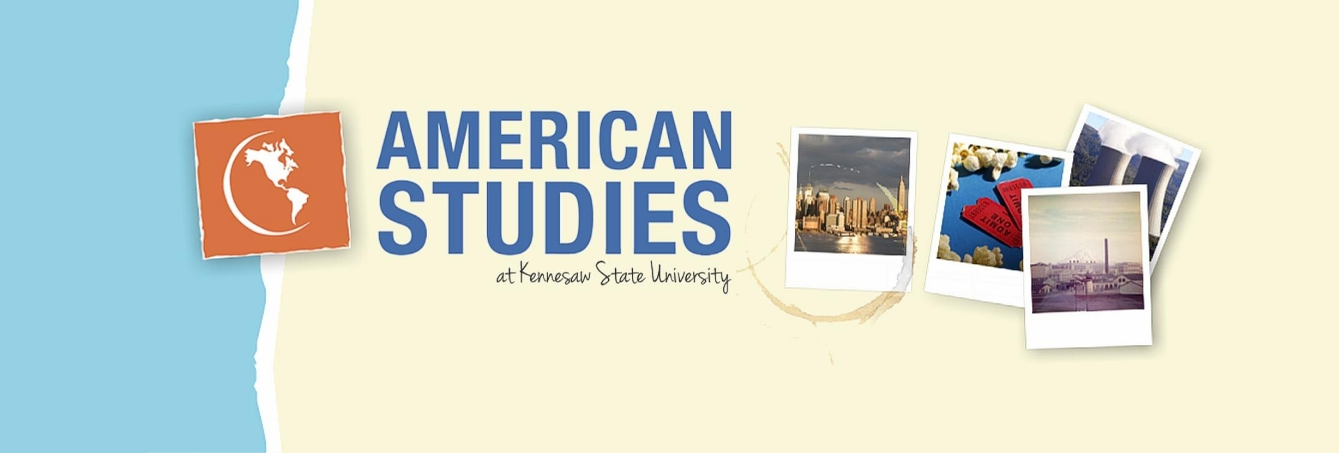 wide image designed with american studies logo and depictions of polaroid photos