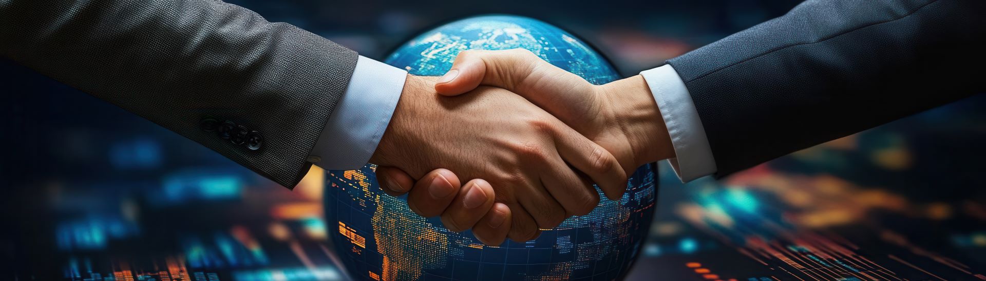Two businessmen shaking hands over a globe