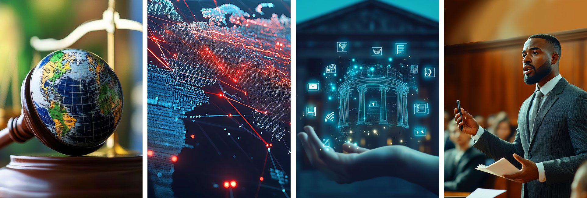 A visual collage displaying various law sectors, including criminal justice, technology, and communications, highlighting diversity.