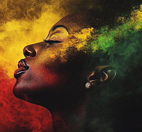 The image features a profile of a Black woman with vibrant red, yellow, and green powder exploding around her face. 