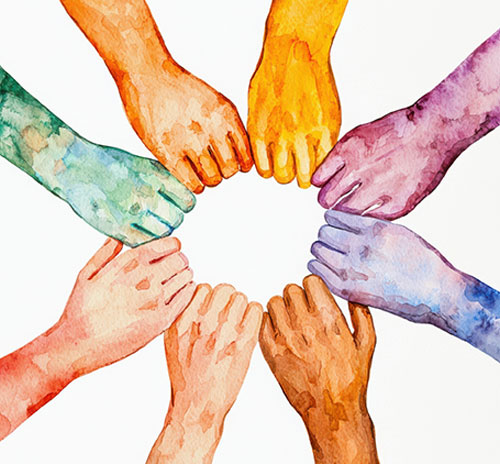 A diverse group of hands supports a circle, symbolizing unity and empowerment in gender and women's studies.