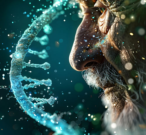 An elderly man with a beard stands beside a DNA strand, symbolizing the study of aging in gerontology.